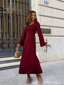 [excelente]Ropa de mujer otoño suelta cuello u enrollado borde trasero atado vestido de manga larga niños - Burdeos - Ver 3