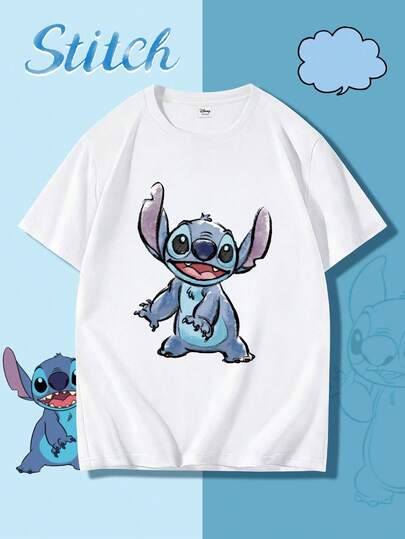 Disney Stitch Hand-Painted Style T-Shirt For Men, Oil Painting Texture Print Short-Sleeve Top, Cute And Artistic Design, Vacation Theme, Suitable For Everyday Wear, Beach Holidays, Men's Fashion, Carnival Parties
