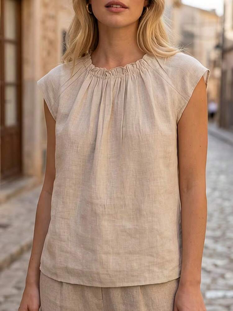 Camisa casual de verano para mujer, diseño de manga raglán con cuello redondo y pliegues, blusa versátil y de moda para el día a día, vacaciones y playa - Albaricoque - Añade 3