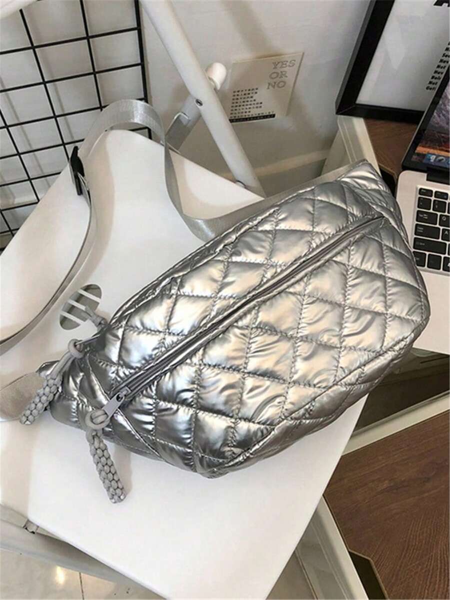 New Women Thick Chest Bag, Large Capacity Cotton Crossbody Bag, Fashion Waist Bag, Diamond Stitching Couple Chest Bag - Silver - View 1