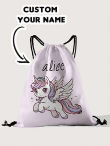 1pc Customized Name Cartoon Pony Pattern Drawstring Backpack, Can Be Customized According To Your Unique Design, Perfect For Children, Print Your Own Name Or Print Sister And Classmate's Name As A Gift To Give To Others - Multicolor - View 7