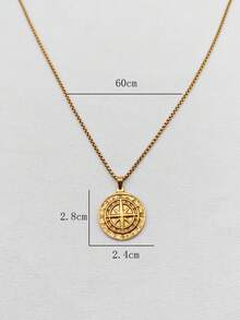 1pc 18K Gold Plated Stainless Steel Viking Compass Pendant Necklace, Metal Coin Badge Stylish Versatile Cross Chain For Men - Yellow Gold - View 5
