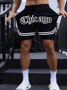 男士休闲运动短裤，芝加哥印花短裤，适合日常穿着、健身、跑步、篮球等场合，黑色夏季款 - 黑色 - 查看 2