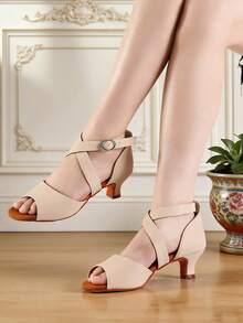 女童时尚搭扣中跟拉丁舞鞋、交谊舞鞋、莎莎舞表演凉鞋、派对舞鞋 - 杏色 - 查看 3