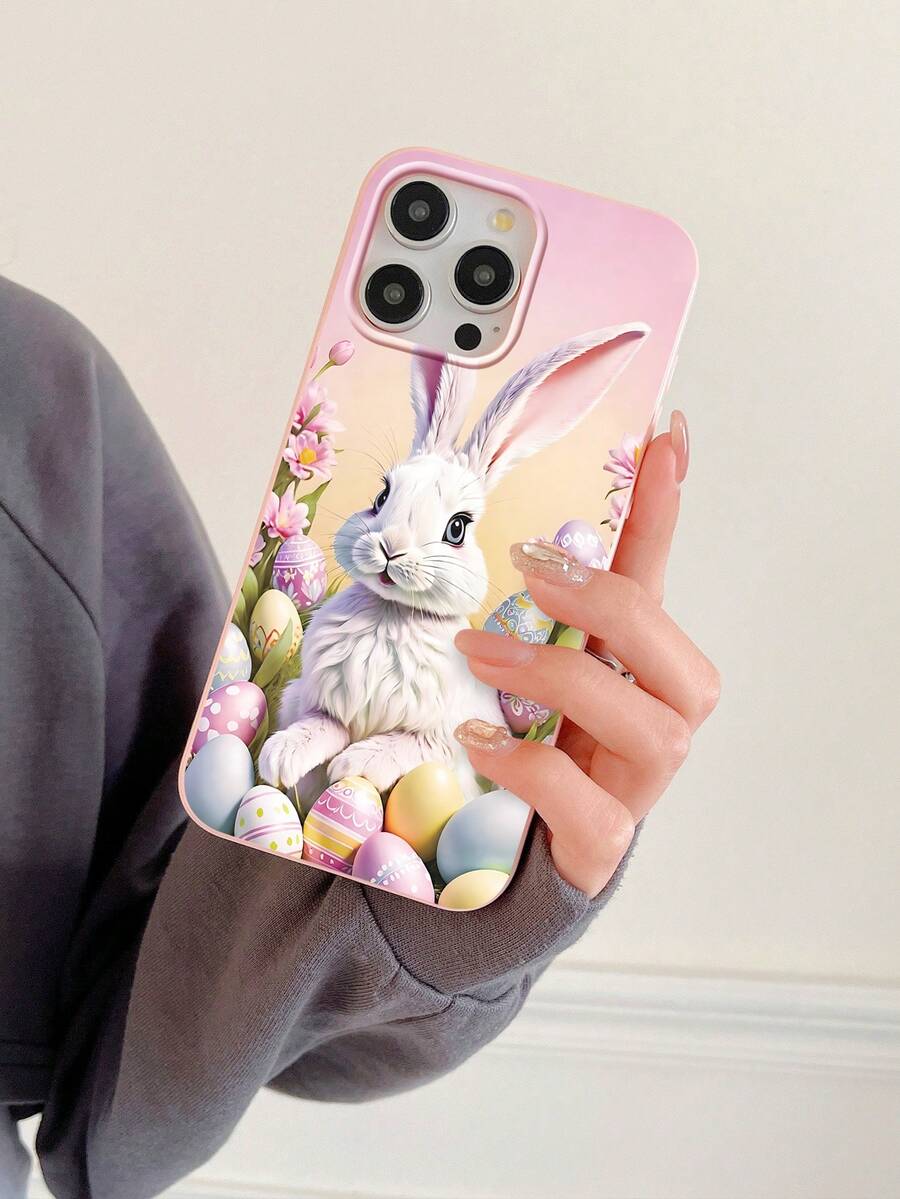 Funda de teléfono rosa con diseño minimalista de conejo y huevo de Pascua, de TPU suave, apta para uso diario, regalo de amigo, compatible con iPhone 11/13 Pro Max/15/17/17 Pro Max y Galaxy S24 Ultra/S26 Ultra - Rosa - Ver 1