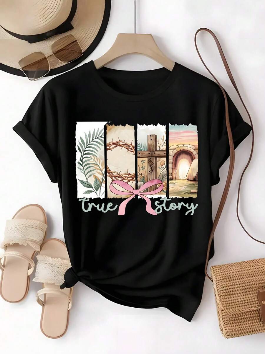 Playera Cristiana, Estampado Jesucristo, Frase True Story, Inspiradora Religiosa, Servicios Dominicales, Reuniones Familiares, Mujeres de Fe, Moda Casual Religiosa,blusas para mujer,blusas elegantes dama,tops,playeras de mujer,blusas curvy mujer. - Negro - Ver 1