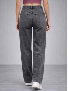 Women's Wide Leg Graphite Jeans, High Waist, Palazzo Style - 石墨 - 查看 3