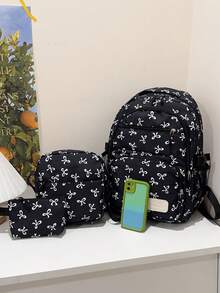 3pcs Nylon Bow Print Backpack Set,Foldable Multi-Po Cket Large CapacityWater-Resistant Zipper Backpack Suitable F Or Teenagers,High School, College Students,Ladies,Daily Use, Commuting,Traveling,Gifts For Valentine's Day - Black - View 4
