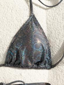 女士露背全息亮片比基尼两件套，性感休闲高弹泳衣，交叉绑带设计 - 黑色 - 查看 3