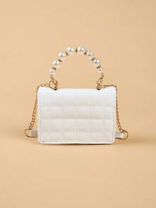 1个女童格子绗缝迷你珍珠手提单肩包，适合搭配服装 - 白色 - 查看 8