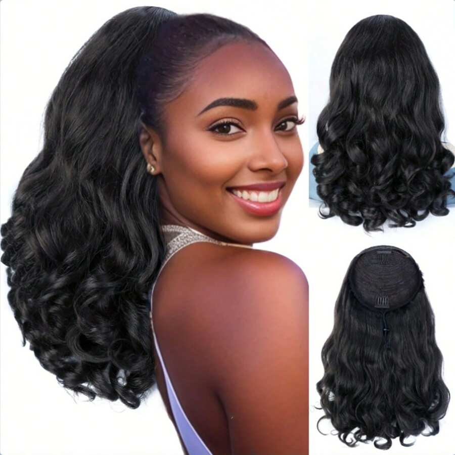 16 Inch Black Deep Wave Curly Synthetic Hair Extension, Fluffy Roman Roll Drawstring Ponytail,Drawstring Ponytail Clip-In, Suitable For Women Party And Daily Wear
