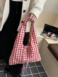 Bolso de hombro a cuadros de moda retro, nuevo bolso de mano casual personalizado de gran capacidad - Rojo - Ver 5