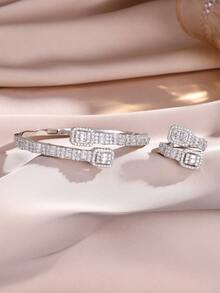 2pcs Sparkling Elegant Square Cubic Zirconia Bracelet And Ring Set, Suitable For Formal Events And Parties - Square - View 6