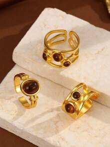 Bộ 3 chiếc nhẫn hình bầu dục màu hổ phách cổ điển, thiết kế độc đáo, bất đối xứng, họa tiết ngẫu nhiên, phụ kiện nhẫn hở cao cấp, bộ quà tặng trang sức. - 4152 - Xem 6