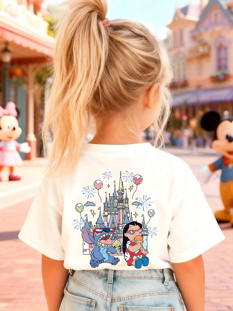 Disney Girls' T-Shirt, Creative Lilo & Stitch Cartoon Double-Sided Print, Summer Girls' Cotton Crew Neck Short Sleeve, Perfect For Everyday Wear, Vacations, Outdoor Activities, And As A Gift For Kids. - 白色 - 查看 1