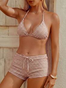 wohenmeili 格子印花挂脖扭结比基尼套装，波西米亚风图案高弹比基尼，女士系带三角泳衣上装和侧系带褶皱丁字裤，沙滩装，特制格子面料女士泳装 - 淺棕白格 - 查看 4