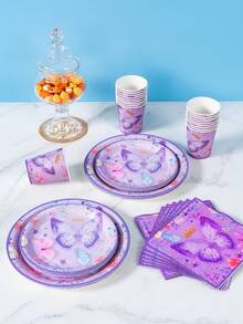 Purple Flower Butterfly Crown Disposable Plates, Napkins, Cups - One-Time Party Supplies Set, Suitable For 8 Guests, Disposable Paper Plates Party Tableware For Birthday, Wedding, Theme Party, Family Picnic - Multicolor - View 5