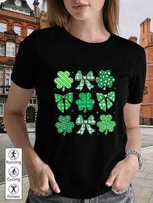 1pcs Four-Leaf Clover And Bowknot Combination Pattern, The Four-Leaf Clover Uses Green Textures Such As Stripes, Plaid, And Floral, And The Bowknot Matches The Corresponding Texture Design Suitable For Spring And Summer Casual Clothing, Women's T-Shirts, Seasonal Clothing, Artistic Design, Soft Material, Lightweight Shirt, Spring And Summer Fashion, Comfortable Fabric, Printed T-Shirt 180gLadies Relaxed Fit Short Sleeve Shirt Easy To Match - 黑色 - 查看 6