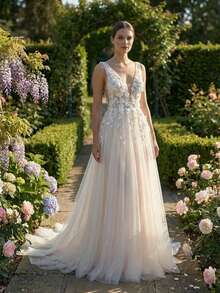 YOUKEFEIER Deep V-Neck Lace Embroidered With 3D Floral Long Wedding Dress - Beige - View 8