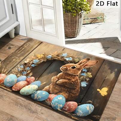 1pc Easter Bunny Doormat | Cute Bunny Sitting On Wooden Floor With Pastel Floral Wreath And Holiday Eggs, Soft Scandinavian Design, Machine Washable, Suitable For Cozy Entryway, Porch, Indoor Easter Home Decor Doormat