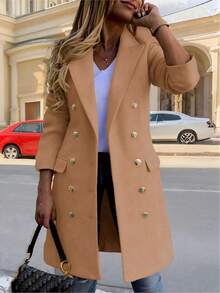 女士轻薄羊毛混纺双排扣长袖防风外套，秋冬季 - 卡其色 - 查看 2