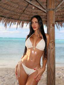 Summer Sweet Textured Fabric Tie-Up Solid Color Spaghetti Strap Sexy Bikini Swimwear 2 Pieces Set Vacation Beach - Apricot - View 1