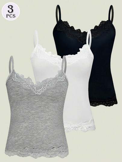 3pcs Lace Camisole Tops For Women, Versatile Lace Camisole Outerwear, Layering Underwear Tops For All Seasons