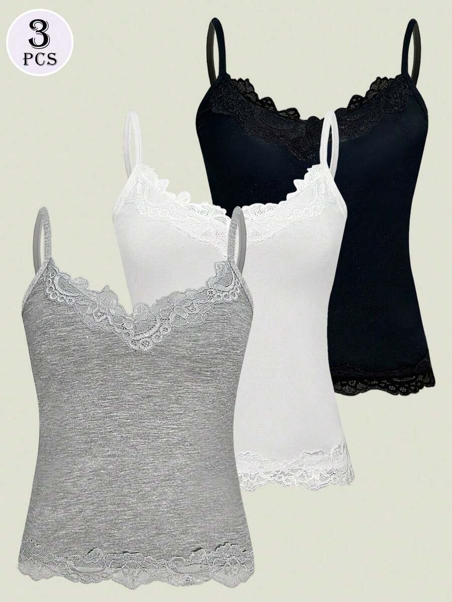3pcs Lace Camisole Tops For Women, Versatile Lace Camisole Outerwear, Layering Underwear Tops For All Seasons - Multicolor - View 1