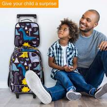 3件套儿童拉杆背包，男童拉杆书包，带午餐袋的学生拉杆背包 - 恐龙图案 - 拉桿背包 - 查看 4