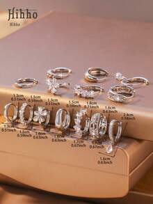 Hihho 14pcs Silver Zirconia Multi-Style Hoop Earrings Set, Minimalist Plain Hoops / Flower / Heart / Water Drop Pendant Earrings, Luxurious Layered Accessories For Daily Wear, Versatile Designs To Create A Sophisticated Look - Stacking Earrings - View 7