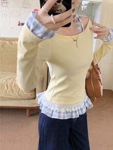 新款女士春秋季针织长袖圣诞角色扮演简约黄色二合一修身荷叶边下摆打底长袖上衣，适合娇小身材 - 杏色 - 查看 2