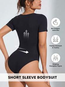 Women's Short Sleeve Bodysuit Tummy Control Shapewear Square Neck Body Suits Slim Fit - Black - View 2