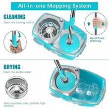 360 Degree Spin Mop And Bucket Set With Wringer 6 Microfiber Replacement Heads 61 Inch Extended Handle 2X Wheels For Floor Cleaning Efficient Mopping For Hardwood Tile Laminate Blue Easy Home Cleaning Kit - Màu xanh da trời - Xem 4