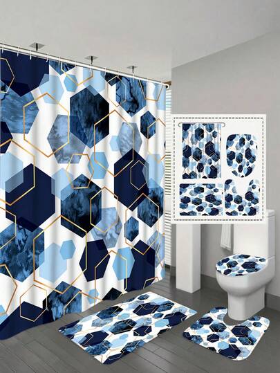 4pcs Blue Bathroom Set, Geometric Pattern Shower Curtain Set, Modern Art Style Shower Curtain With 12 Hooks, Bathroom Rug, Bathroom Non-Slip Mat And Toilet Mat