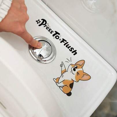 1pc Cartoon Cute Funny Cat, Dog, Toilet Sticker, Creative Toilet Lid Sticker, "Press And Flush" English Sticker, Bathroom Self-Adhesive PVC Wall Sticker, Suitable For Bathroom