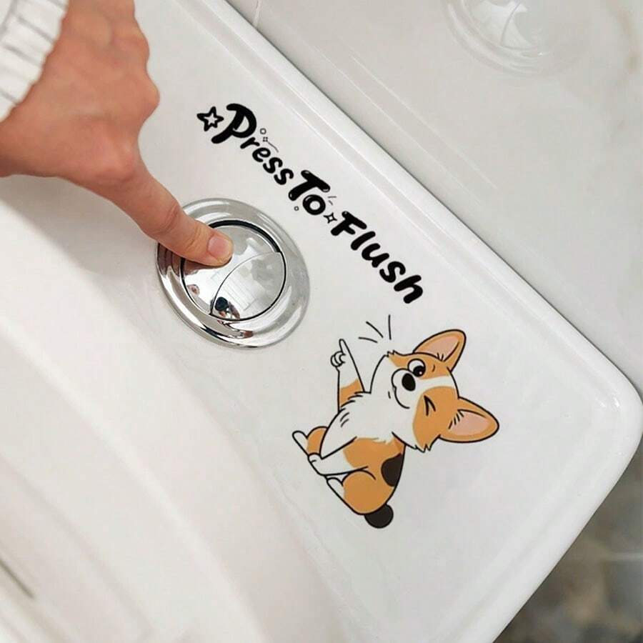 1pc Cartoon Cute Funny Cat, Dog, Toilet Sticker, Creative Toilet Lid Sticker, "Press And Flush" English Sticker, Bathroom Self-Adhesive PVC Wall Sticker, Suitable For Bathroom - Multicolor - View 1