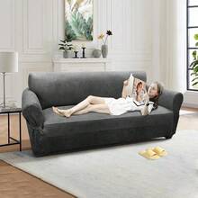 Loveseat Sofa Slipcover Leather Look Couch Covers For 2 Seater Couch Sofa 1-Piece Sofa Cover Stretch Furniture Protector With Elastic Bottom & Pockets(Loveseat, Grey) - 灰色 - 查看 3