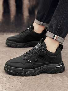 Zapatillas deportivas transpirables de color sólido para hombre, suelas resistentes al desgaste con hebillas giratorias, botas gruesas antideslizantes para exteriores, cómodas de llevar, ideales para ropa informal, caminar, senderismo al aire libre, citas y uso diario. - Blanco y Negro - Ver 3