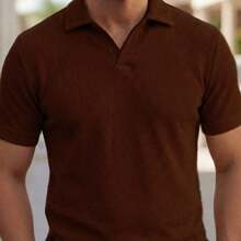 Kit Of 3 Textured Italian Polo Shirts Without Buttons, Slim Sleeves. - Beige, Brown and Black - View 3