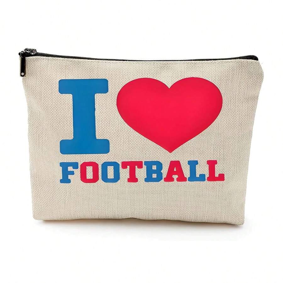 I Love Football Travel Essential Cosmetic Bag Gift Makeup Bag  Design Fashionable Multifunctional Cosmetic Pouch For Sports Fans Perfect For Everyday Use And Outings Ideal Gift For Football Lovers - Beige - View 1
