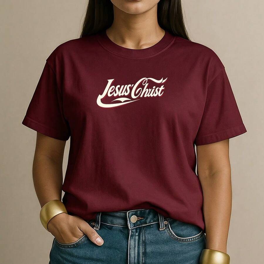 Camiseta Feminina 100% Algodão Jesus Christ Camisa Cristã Casual Estilo Retro Para O Dia Dia Fashion - Vinho - Visão 1