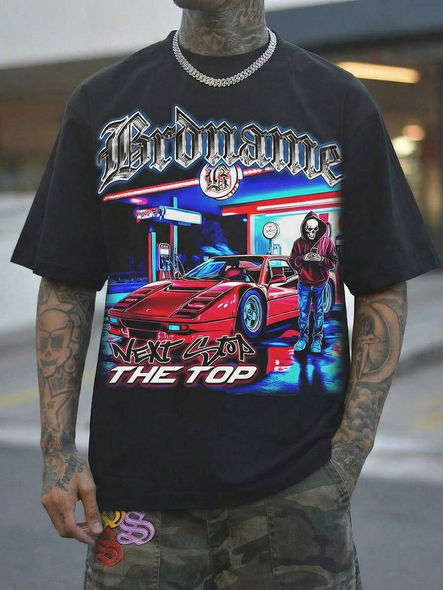 Men's Casual Versatile Minimalist Printed Short Sleeve T-Shirt - Black - View 1