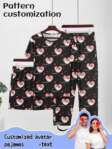 Personalisierter Herren 3-teiliger Kurzarm Pyjama Set, kann mit jedem Muster werden, personalisierte Pyjamas mit Fotos, lustige personalisierte Bilder, bequeme Nachtwäsche. Geeignet für Valentinstag, Geburtstag, Geschenke, personalisiert, bunt, süß, Lustig, einzigartig, exklusiv, ideales Geschenk für den Freund, geeignet für Freund, Familie, Freunde, Ältere, modisch für Herbst, Partyveranstaltungen - Schwarz - Übersicht 1