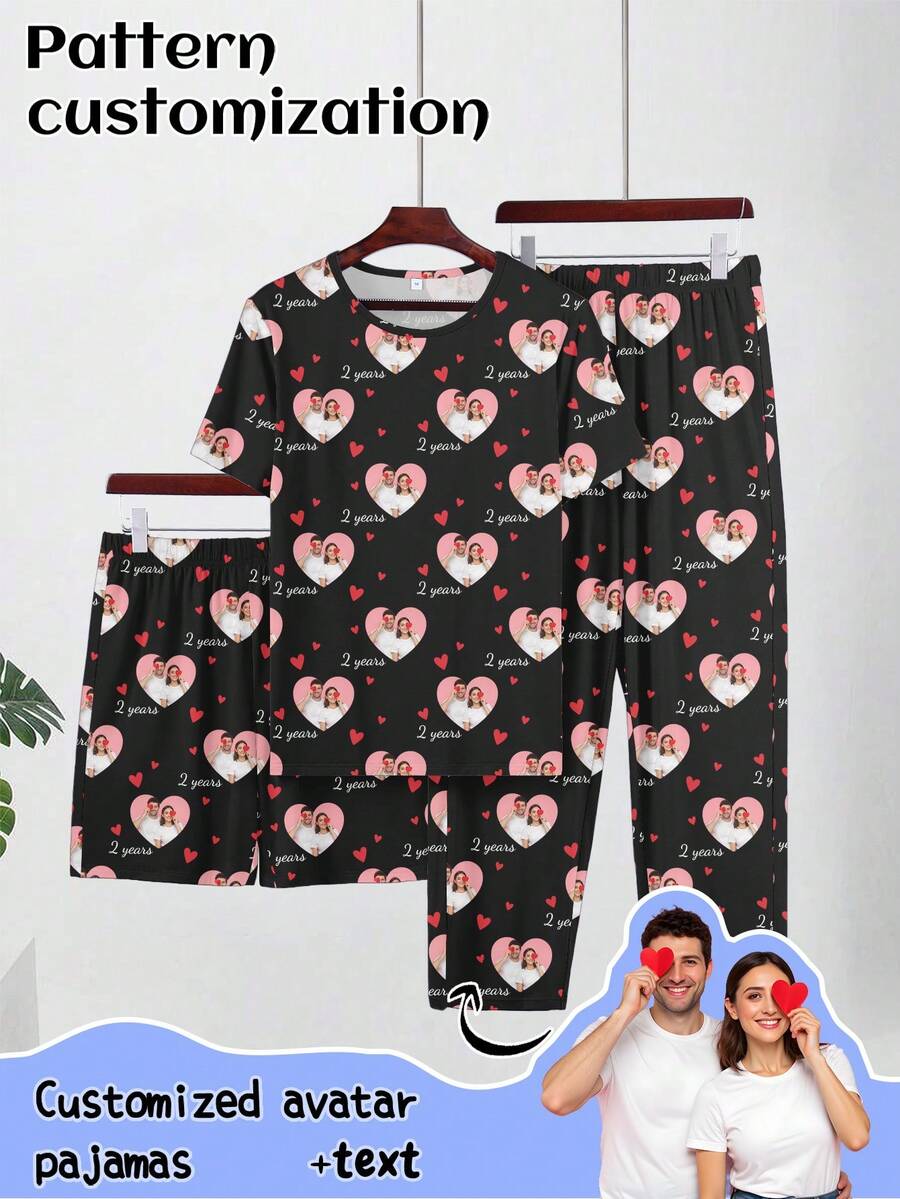 Personalisierter Herren 3-teiliger Kurzarm Pyjama Set, kann mit jedem Muster werden, personalisierte Pyjamas mit Fotos, lustige personalisierte Bilder, bequeme Nachtwäsche. Geeignet für Valentinstag, Geburtstag, Geschenke, personalisiert, bunt, süß, Lustig, einzigartig, exklusiv, ideales Geschenk für den Freund, geeignet für Freund, Familie, Freunde, Ältere, modisch für Herbst, Partyveranstaltungen - Schwarz - Übersicht 1