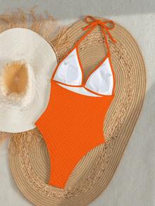 女士纯白夏季沙滩度假休闲吊带串珠特殊面料贝壳海星流苏装饰荷叶边连体泳衣（流苏装饰位置随机） - 珊瑚橙 - 查看 2