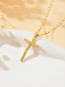 1pc Minimalist Unisex Jesus Statue Cross Pendant Necklace, Versatile Christian Cross Jewelry, Suitable For Daily Faith Outfit, Easter Gift - Yellow Gold - View 1