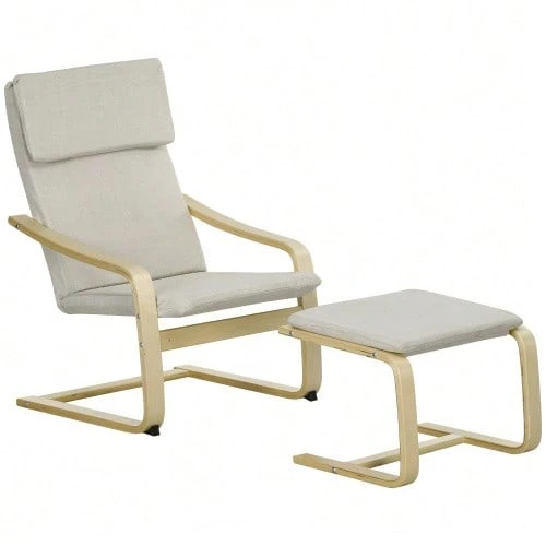 Set Of 2 Lounge Chairs With Footrest, Armrests, Headrest, Linen Upholstery, Foot Cushion, Polyester, Eucalyptus, 66.5 X 80 X 99 Cm, Cream White - Apricot - View 1