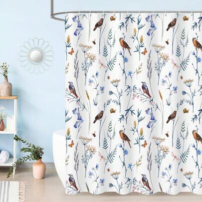 1pc Fresh Plant Flower And Bird Shower Curtains, Plant Floral Shower Curtains, Very Suitable For Bathroom Decoration, Universal Room Decoration, Home Decoration Set, Bathroom Accessories Bathtub Curtains