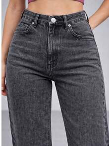 Women's Wide Leg Graphite Jeans, High Waist, Palazzo Style - 石墨 - 查看 4