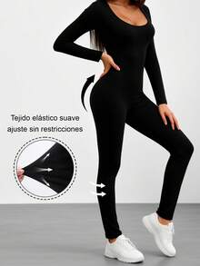 Mono con cuello en forma de U y mangas largas, apropiado para primavera y otoño - Negro - Ver 3